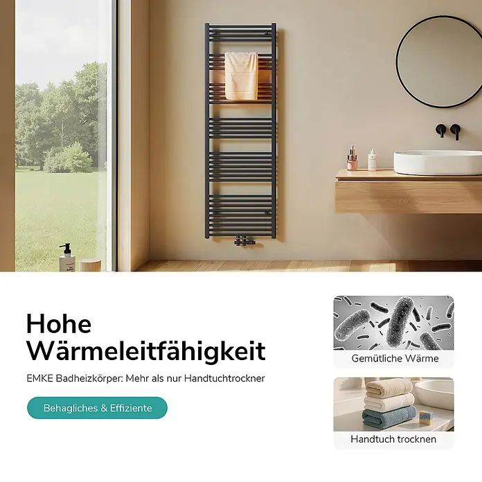 Emke Badheizkörper Orbrad TR - Anthrazit - Dunkelgrauer Handtuchheizkörper mit Handtuch in modernem Bad.