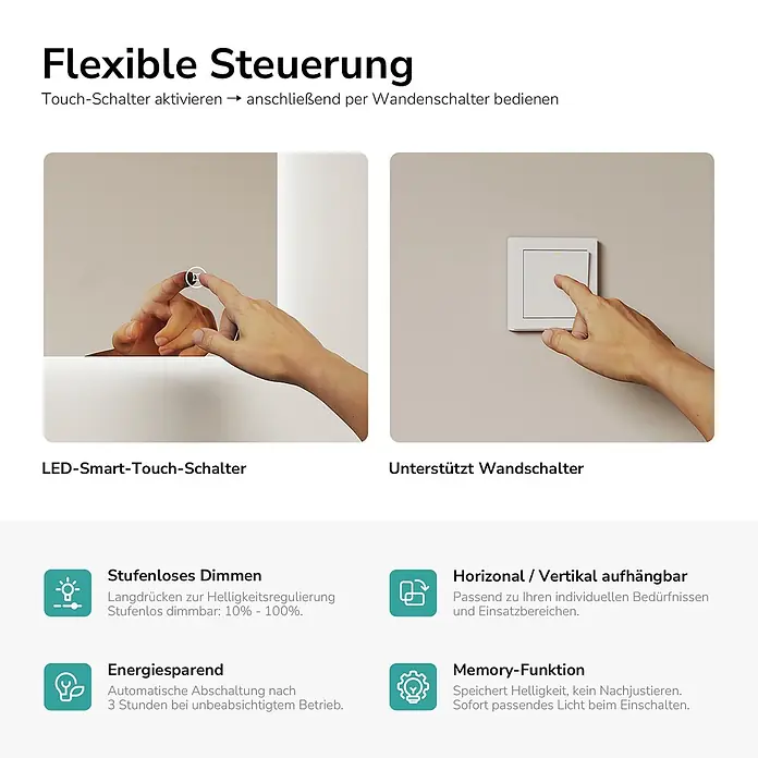 Emke Lichtspiegel Glowrim LM09 - 80 x 60 cm - LED-Spiegel mit Touch-Steuerung und Unterstützung für Wandschalter, demonstriert flexible Lichtbedienung.