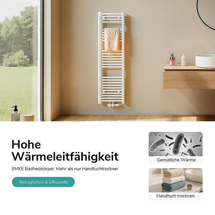 Emke Badheizkörper Rundrohr Thermio TR - B x H: 40 x 120 cm, Weiß - Weißer vertikaler Handtuchheizkörper mit hellbraunem Handtuch in einem modernen Badezimmer mit Fenster.
