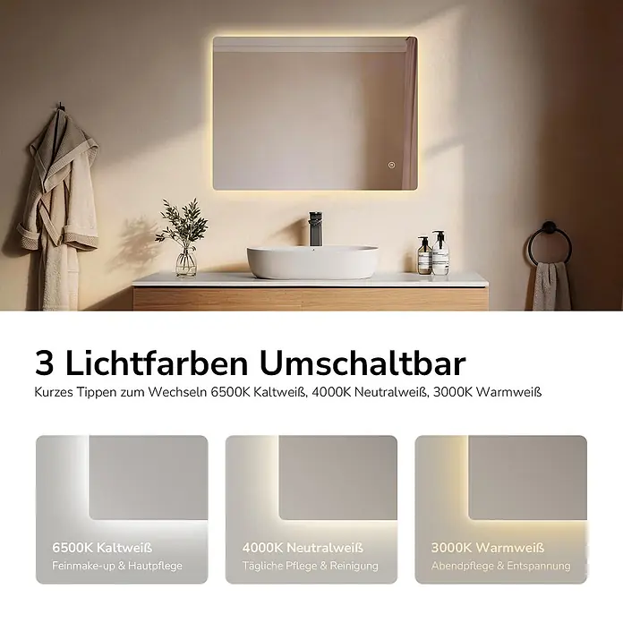 Emke Lichtspiegel Glowrim LM09 -  - Rechteckiger LED-Spiegel über einem Waschbecken, der drei umschaltbare Lichtfarben zeigt: Kaltweiß, Neutralweiß und Warmweiß.