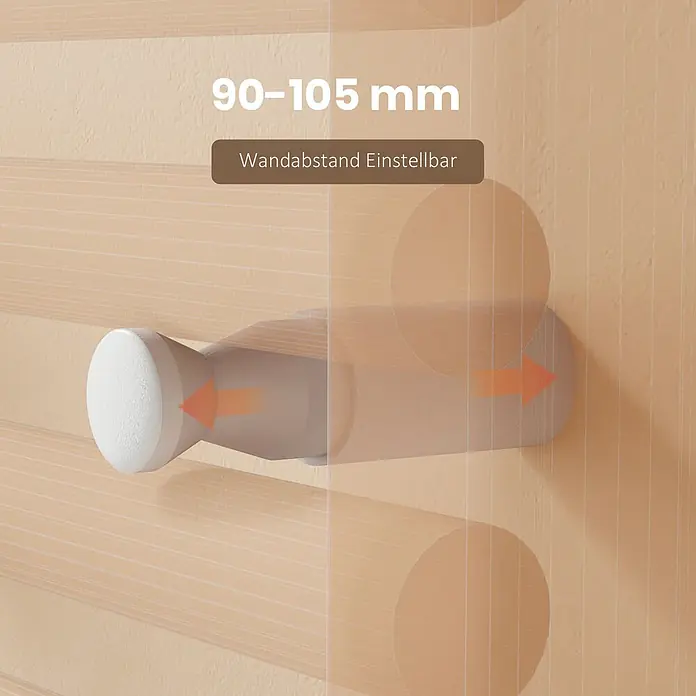Emke Badheizkörper Rundrohr Thermio TR - B x H: 40 x 120 cm, Weiß - Weißer verstellbarer Wandhalter mit 90-105 mm Auszug, durch Pfeile angezeigt.