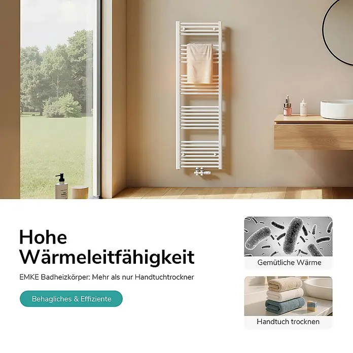 Emke Badheizkörper Orbrad TR - Weiß - Weißer Leiter-Badheizkörper mit Handtuch darauf, an heller Wand im modernen Badezimmer montiert.