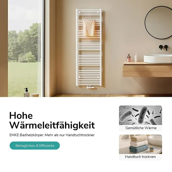 Emke Badheizkörper Orbrad TR - Weiß - Weißer Badheizkörper mit beigem Handtuch, spendet Wärme und trocknet. In modernem Bad installiert.