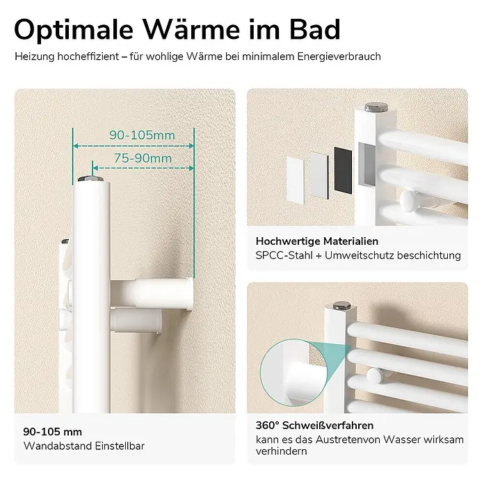 Emke Badheizkörper Rundrohr Thermio TR - B x H: 40 x 120 cm, Weiß - Weißer Badheizkörper aus Stahl mit einstellbarem Wandabstand, langlebig und wasserdicht.