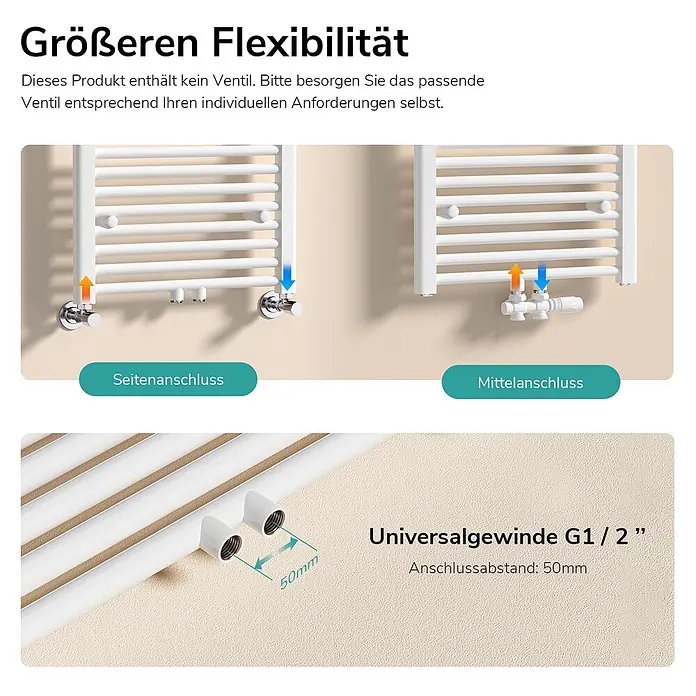 Emke Badheizkörper Rundrohr Thermio TR - B x H: 40 x 120 cm, Weiß - Weißer Handtuchheizkörper mit Seiten- und Mittelanschluss, G1/2" Universalgewinde und 50mm Anschlussabstand.