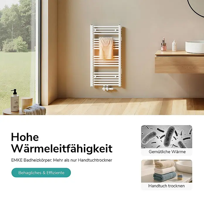 Emke Badheizkörper Orbrad TR - Weiß - Weißer Badheizkörper mit einem hellbraunen Handtuch, installiert in einem modernen Badezimmer.