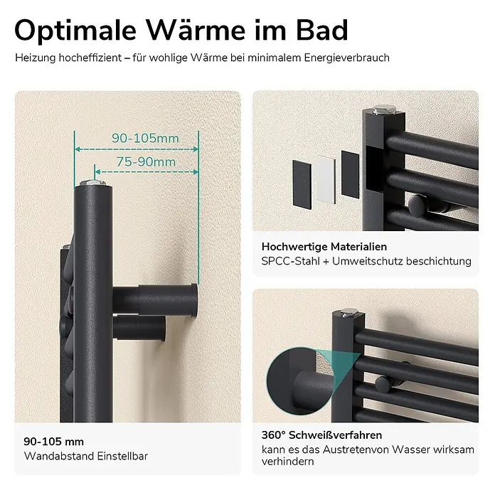 Emke Badheizkörper Orbrad TR - Anthrazit - Dunkelgrauer/schwarzer Handtuchheizkörper mit verstellbarem Wandabstand, aus SPCC-Stahl mit Umweltschutzbeschichtung und 360°-Schweißverfahren.
