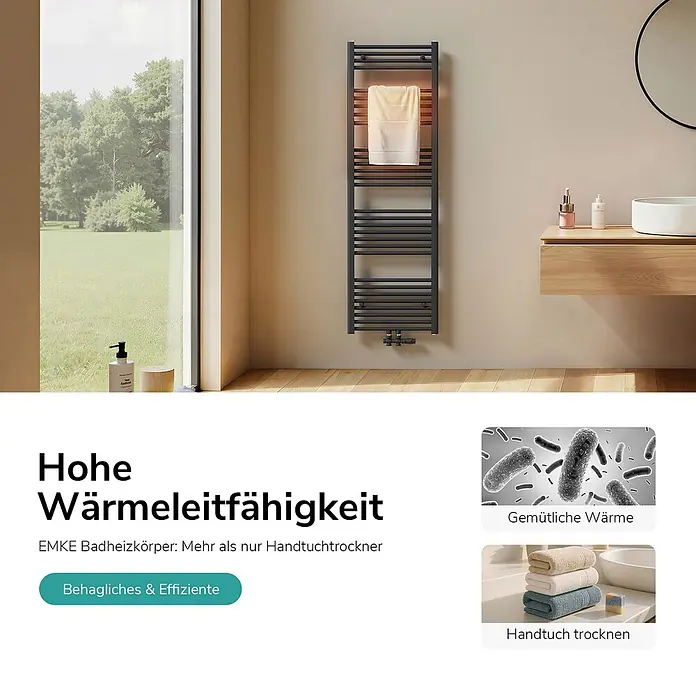 Emke Badheizkörper Orbrad TR - Anthrazit - Dunkelgrauer EMKE Badheizkörper in modernem Bad, mit Handtuch zum Trocknen. Spendet Wärme und trocknet Handtücher effizient.