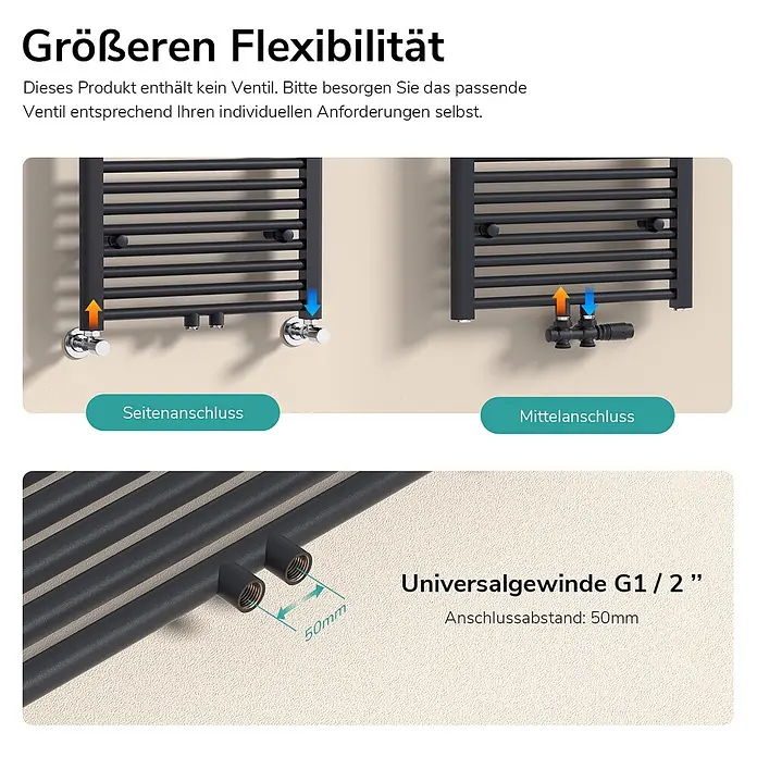 Emke Badheizkörper Orbrad TR - Anthrazit - Schwarzer Handtuchheizkörper mit Seiten- und Mittelanschlussoptionen, G1/2" Universalgewinde und 50mm Anschlussabstand.