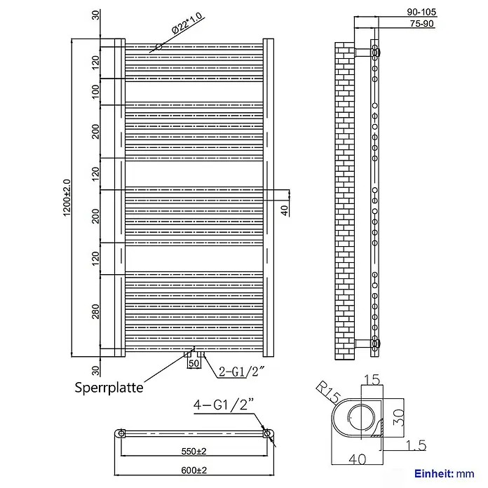 Emke Badheizkörper Rundrohr Thermio TR - B x H: 60 x 120 cm, Anthrazit - Technische Zeichnung eines metallischen Badheizkörpers (1200x600mm) mit G1/2"-Anschlüssen.
