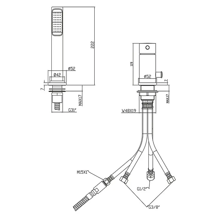 Ottofond Badewannenrandarmatur S2000 - Chrom, Glänzend - Technische Zeichnung einer Armatur mit Maßen. Die Armatur ist detailliert dargestellt mit allen relevanten Abmessungen.