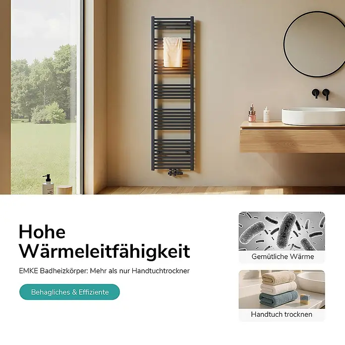 Emke Badheizkörper Orbrad TR - Anthrazit - Ein dunkelgrauer Handtuchheizkörper ist an einer Wand in einem modernen Badezimmer montiert, mit einem hellen Handtuch darauf.