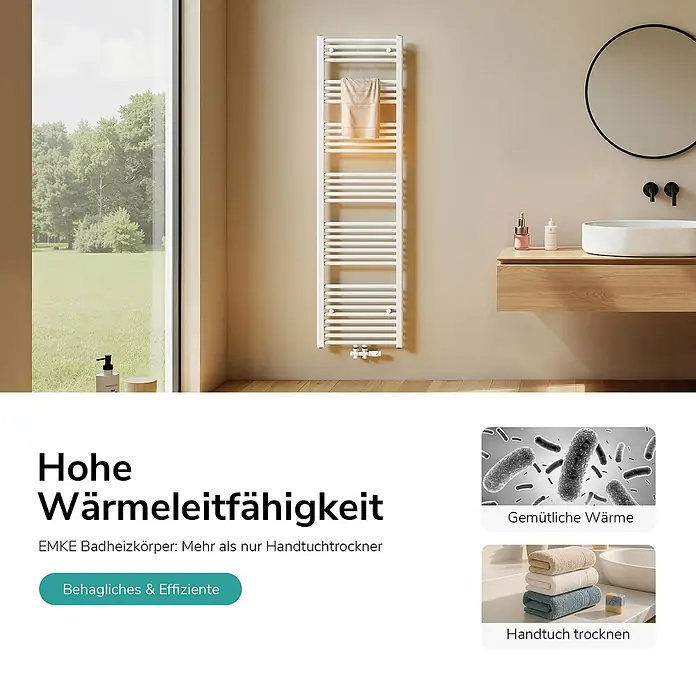 Emke Badheizkörper Orbrad TR - Weiß - Weißer Badheizkörper im Leiterstil mit Handtuch, hebt hohe Wärmeleitfähigkeit und Handtuchtrocknung hervor.