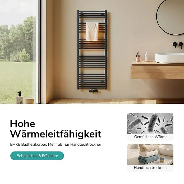 Emke Badheizkörper Orbrad TR - Anthrazit - Dunkelgrauer Handtuchheizkörper in einem modernen Bad, mit hellem Handtuch daran, neben Waschbecken und Fenster.