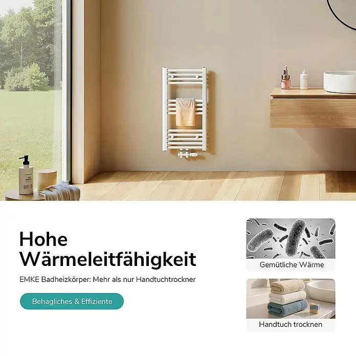 Emke Badheizkörper Orbrad TR - Weiß - Weißer Handtuchwärmer mit beigem Handtuch in einem modernen Badezimmer.