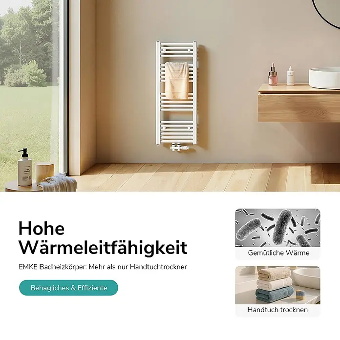 Emke Badheizkörper Orbrad TR - Weiß - Weißer EMKE Badheizkörper mit einem Handtuch in einem modernen Badezimmer.