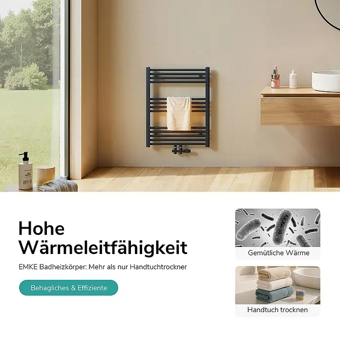 Emke Badheizkörper Orbrad TR - B x H: 60 x 75 cm, Anthrazit - Dunkelgrauer Handtuchheizkörper mit hellem Handtuch an beigefarbener Wand im modernen Badezimmer.