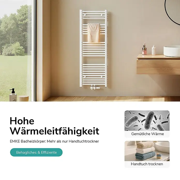 Emke Badheizkörper Orbrad TR - Weiß - Weißer Handtuchheizkörper im Leiterdesign an der Badwand, mit einem hellen Handtuch darauf.