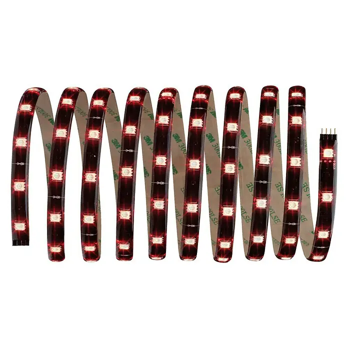Paulmann LED-Band YourLED Basisset RGB - Länge: 3 m, Lichtfarbe: RGB, 18,8 W, 550 lm - Eine gewundene LED-Lichterkette mit rotem Licht und 3M-Klebeband auf der Rückseite, ideal für dekorative Beleuchtungsprojekte.