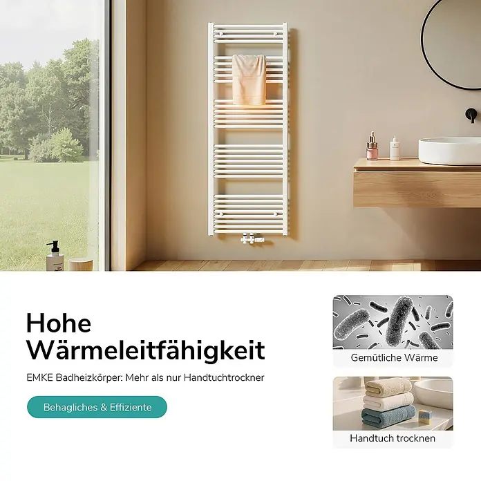 Emke Badheizkörper Orbrad TR - Weiß - Weißer moderner Handtuchheizkörper in einem hellen Badezimmer, mit einem hellen Handtuch darauf, das seine Heiz- und Trocknungsfunktion zeigt.