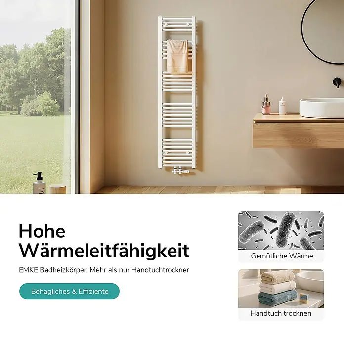 Emke Badheizkörper Orbrad TR - Weiß - Weißer EMKE Badheizkörper in einem modernen Bad, mit aufgehängtem Handtuch. Er spendet effiziente Wärme und trocknet Handtücher.