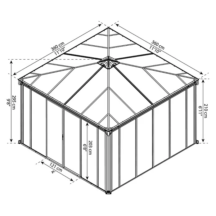 Palram – Canopia Gartenpavillon Ledro 3600 - B x T: 360 x 360 cm, Farbe Gestell: Anthrazit, Aluminium - Perspektivische Darstellung eines Pavillons mit Maßangaben zu Höhe, Breite und Länge in Zentimetern und Fuß.