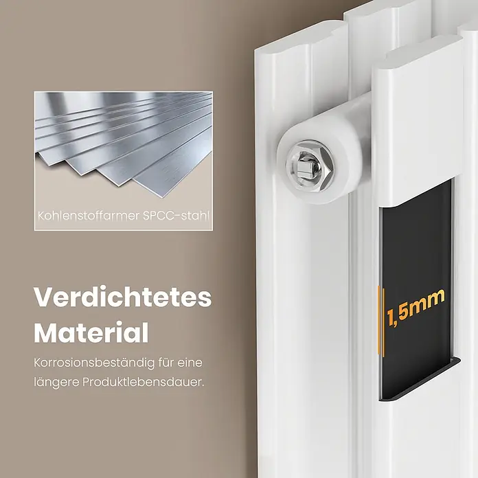 Emke Designheizkörper Flatrad FR - Wärmeleistung bei Vorlauftemperatur von 75 °C (D: 50): 2.227 W, Weiß - Weißer Heizkörper aus 1,5mm kohlenstoffarmem SPCC-Stahl, betont Dichte und Korrosionsbeständigkeit für lange Lebensdauer.