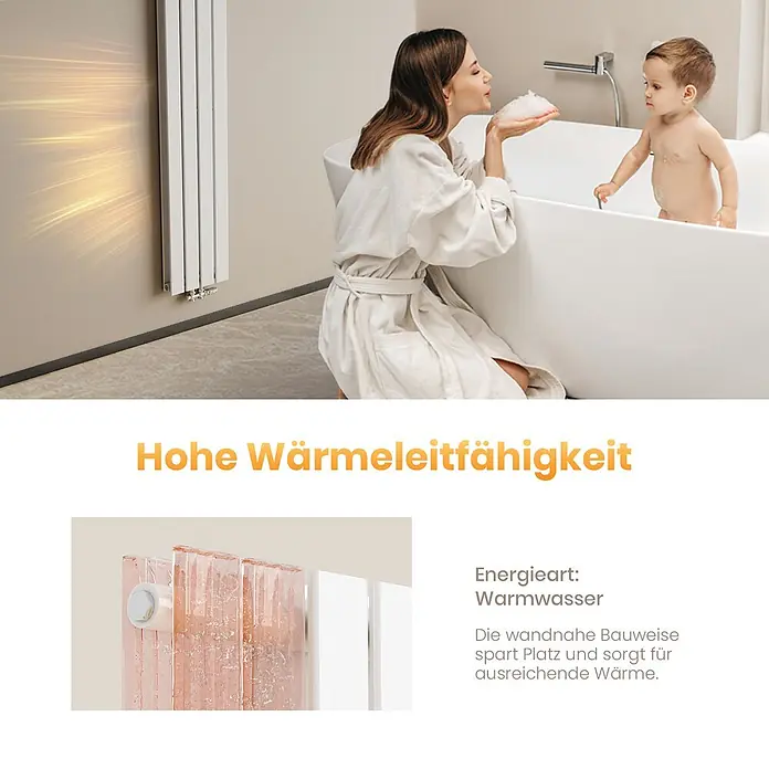 Emke Designheizkörper Flatrad FR - Wärmeleistung bei Vorlauftemperatur von 75 °C (D: 50): 911 W, Weiß - Weißer, wandmontierter Warmwasser-Heizkörper im Badezimmer, der für effiziente Wärme sorgt und Platz spart.