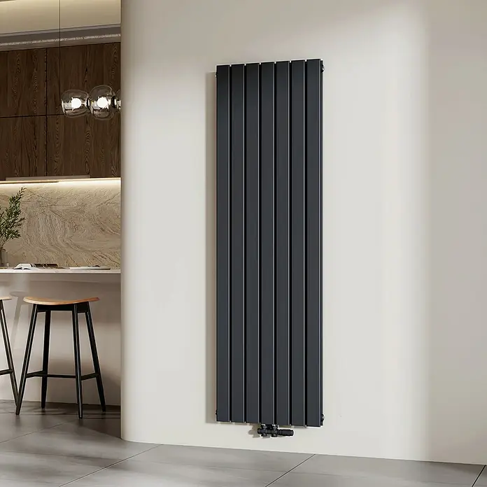 Emke Designheizkörper Flatrad FR - Wärmeleistung bei Vorlauftemperatur von 75 °C (D: 50): 1.949 W, Anthrazit - Hoher, dunkelgrauer vertikaler Paneelheizkörper in einem modernen Wohnraum.