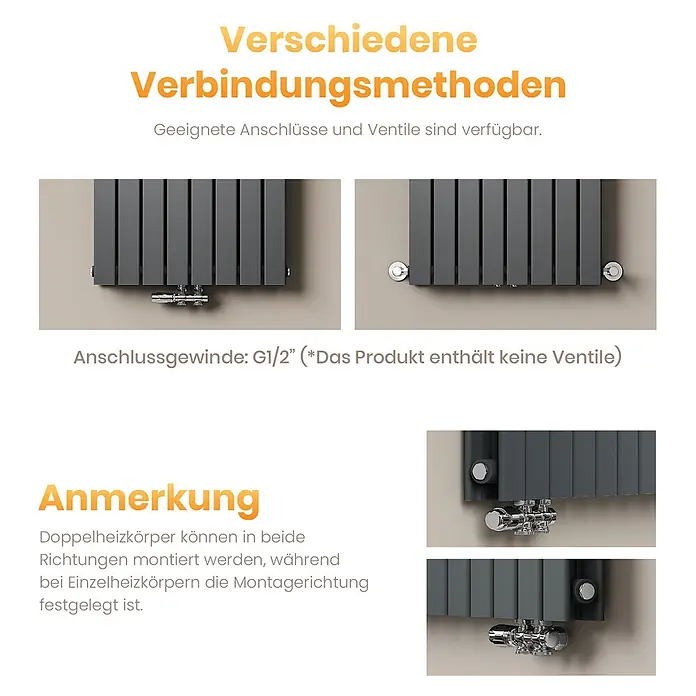 Emke Designheizkörper Flatrad FR - Wärmeleistung bei Vorlauftemperatur von 75 °C (D: 50): 911 W, Anthrazit - Dunkelgrauer Heizkörper zeigt verschiedene Ventilanschlussmethoden, z.B. mittig oder seitlich unten.