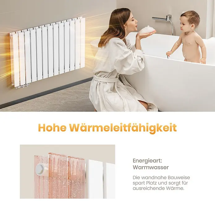 Emke Designheizkörper Flatrad FR - B x H: 46 x 160 cm, Wärmeleistung bei Vorlauftemperatur von 75 °C (D: 50): 1.490 W, Weiß - Weißer, wandmontierter Badheizkörper wärmt effizient ein Badezimmer mit Mutter und Kind.