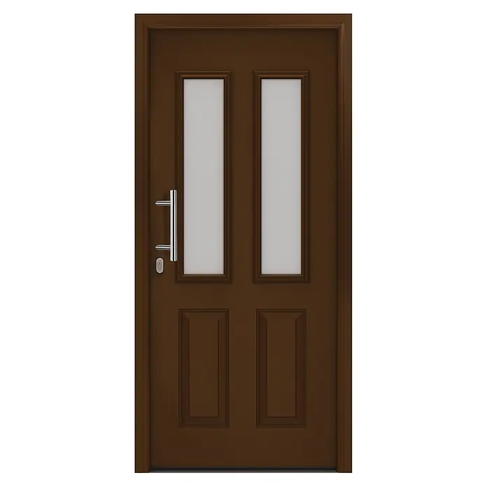 Hörmann EcoStar Haustür ISOPRO IP 410S - 110 x 210 cm, DIN Anschlag: Links, Terrabraun - Braune Holztür mit zwei satinierten Glasscheiben, zwei unteren Paneelen und einem silbernen Griff mit Schloss.