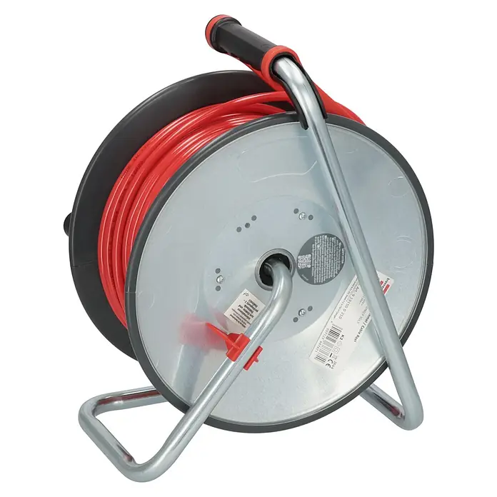 Brennenstuhl Kabeltrommel SC 5110 - Stahlblech, 50 m, H07BQ, IP44 - Robuste rote Stromkabeltrommel mit schwarzem Kunststoffgehäuse und silbernem Metallrahmen.
