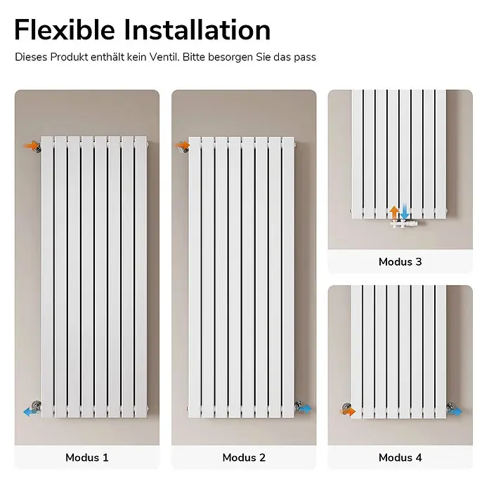 Emke Designheizkörper Flatrad FR - Wärmeleistung bei Vorlauftemperatur von 75 °C (D: 50): 1.988 W, Weiß - Weißer Heizkörper mit vier flexiblen Anschlussmöglichkeiten für Heizungsrohre.