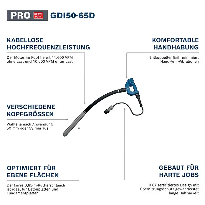 Bosch Professional Innenrüttler Akku-Betonrüttler-System GDI50-65D - Kabellänge: 1 m - Ein Betonrüttler mit blauem Griff, schwarzem flexiblem Schlauch und silbernem Vibrationskopf.