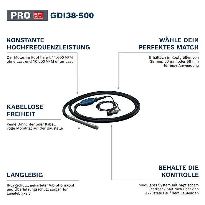 Bosch Professional Innenrüttler Akku-Betonrüttler-System GDI38-500 - Kabellänge: 5 m - Bosch GDI38-500 kabelloser Betonrüttler mit blauem Motor, schwarzem Schlauch und silbernem Vibrationskopf.
