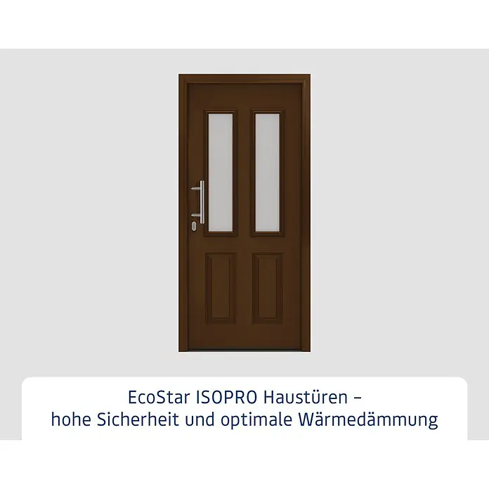 Hörmann EcoStar Haustür ISOPRO IP 410S - 110 x 210 cm, DIN Anschlag: Links, Terrabraun - Braune Haustür mit zwei Milchglas-Einsätzen, zwei Füllungen und silbernem Griff.