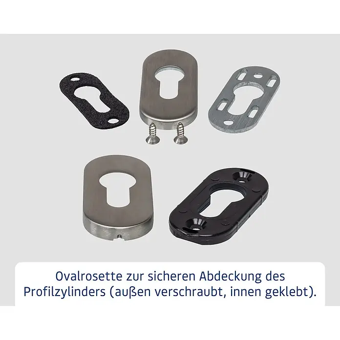 Hörmann EcoStar Haustür ISOPRO IP 410S - 110 x 210 cm, DIN Anschlag: Rechts, Verkehrsweiß - Set ovaler Rosetten aus gebürstetem Metall, schwarzem Kunststoff und verzinktem Metall zur sicheren Zylinderabdeckung, zur Schraub- und Klebemontage.