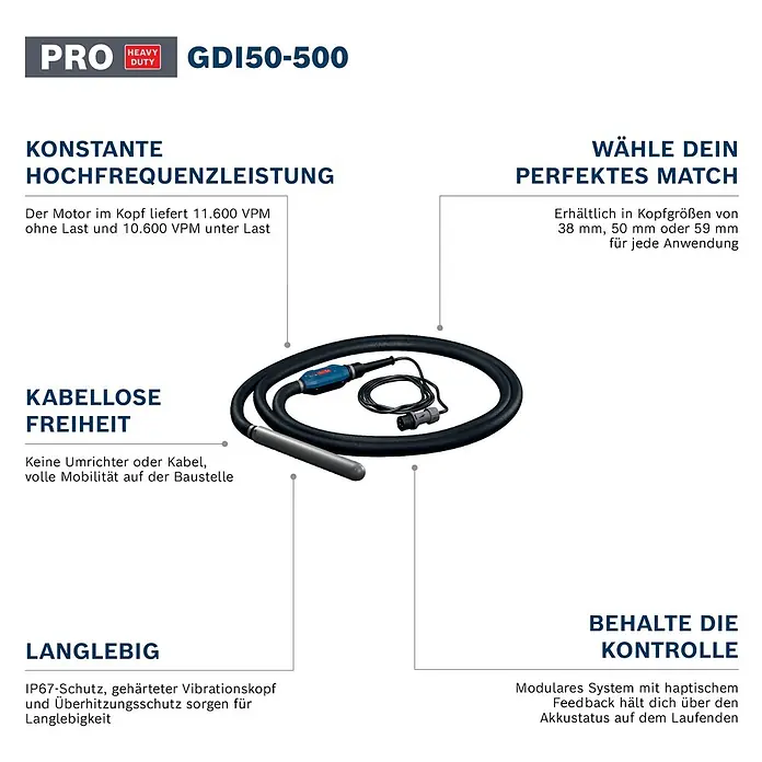 Bosch Professional Innenrüttler Akku-Betonrüttler-System GDI50-500 - Kabellänge: 5 m - Blauer und schwarzer Betonrüttler mit flexiblem Schaft und Metallkopf zum Verdichten von Beton.