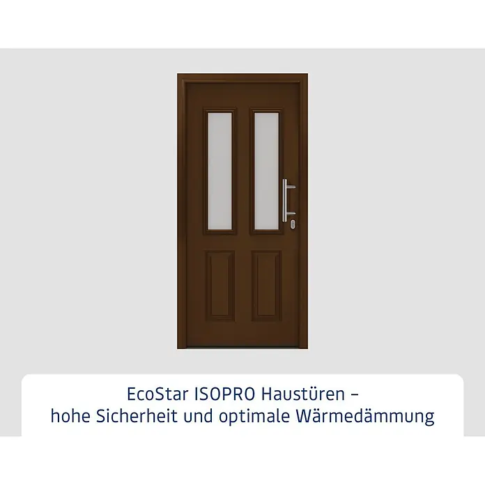 Hörmann EcoStar Haustür ISOPRO IP 410S - 110 x 210 cm, DIN Anschlag: Rechts, Terrabraun - Braune EcoStar ISOPRO Haustür mit zwei vertikalen Milchglas-Einsätzen, zwei Füllungen und Chrom-Stangengriff.