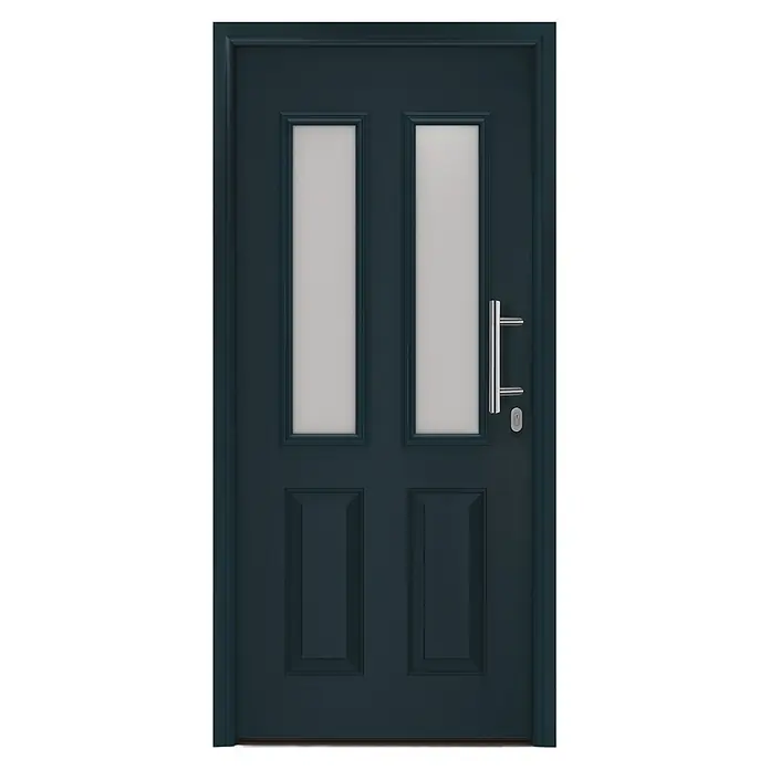 Hörmann EcoStar Haustür ISOPRO IP 410S - 110 x 210 cm, DIN Anschlag: Rechts, Anthrazitgrau - Dunkelblaue Tür mit zwei mattierten Glasscheiben, zwei unteren Vollpaneelen, einem silbernen Stangengriff und einem Schlüsselloch.
