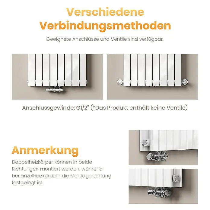 Emke Designheizkörper Flatrad FR - Wärmeleistung bei Vorlauftemperatur von 75 °C (D: 50): 1.670 W, Weiß - Weiße Vertikalheizkörper mit verschiedenen Anschlussarten: mittiger Bodenanschluss und seitliche Anschlüsse, mit Chrom-Ventilgarnituren.