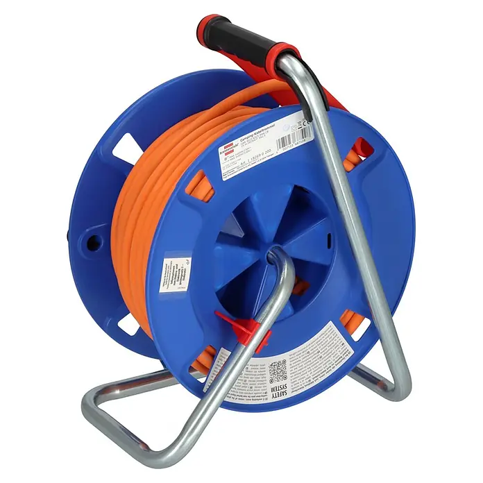 Brennenstuhl Kabeltrommel Garant CEE IP44 Camping H07RB-F 3G2,5 - Kunststoff, 25 m, IP44 - Orange-blaue Camping-Kabeltrommel mit Metallständer und Tragegriff.