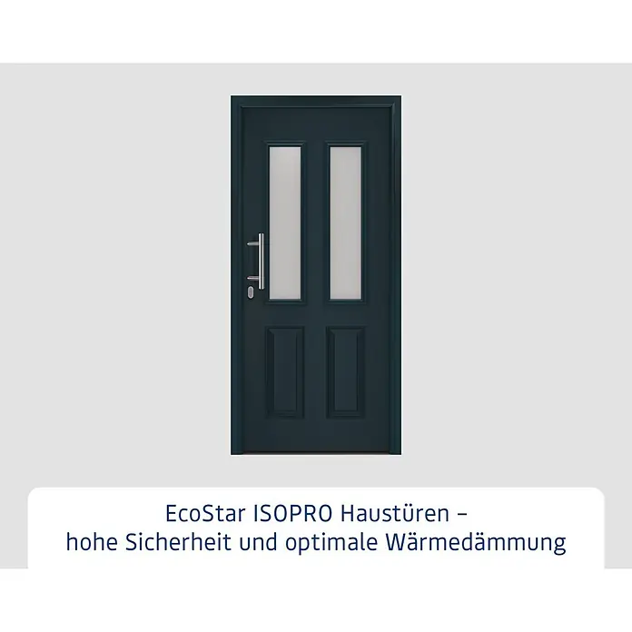 Hörmann EcoStar Haustür ISOPRO IP 410S - 110 x 210 cm, DIN Anschlag: Links, Anthrazitgrau - EcoStar ISOPRO dunkelblaue Haustür mit Milchglaseinsätzen, Chromgriff. Bietet hohe Sicherheit und Wärmedämmung.