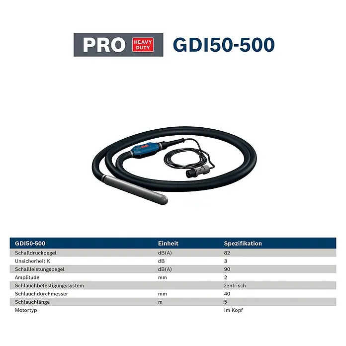 Bosch Professional Innenrüttler Akku-Betonrüttler-System GDI50-500 - Kabellänge: 5 m - Ein aufgerollter schwarzer Betonrüttelschlauch mit silberner Rüttelflasche und blauem Anschluss, ideal für Bauarbeiten.