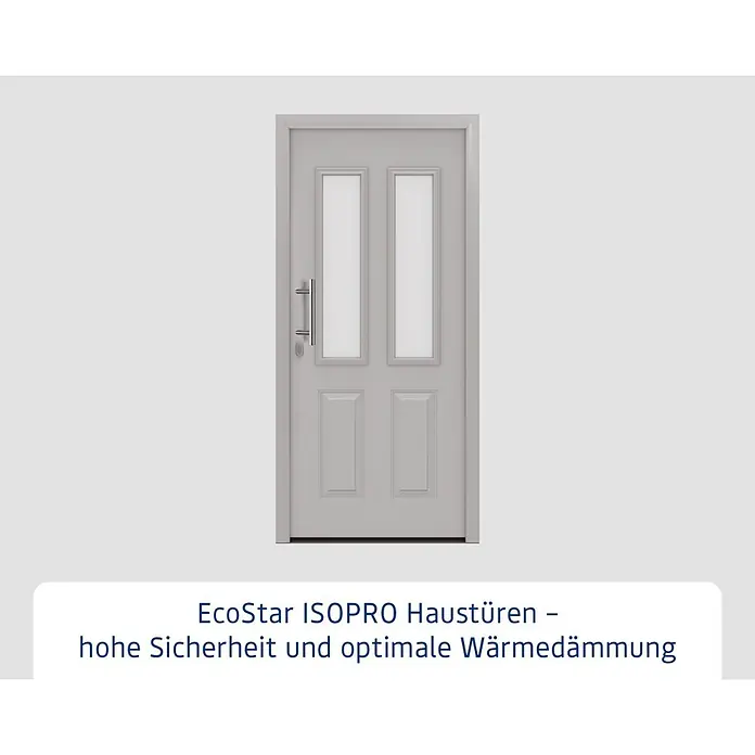 Hörmann EcoStar Haustür ISOPRO IP 410S - 110 x 210 cm, DIN Anschlag: Links, Weißaluminium - Graue Haustür mit zwei vertikalen Glaseinsätzen, zwei unteren Paneelen und einem langen vertikalen Stangengriff.
