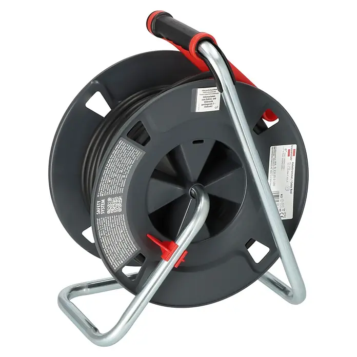 Brennenstuhl Kabeltrommel 300 KU 2100 - Kunststoff, 25 m, H07RN-F, IP44 - Dunkelgraue Kabeltrommel mit roten Akzenten und Metallständer zur einfachen Kabelaufbewahrung und -verwaltung.