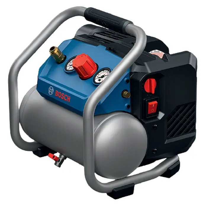 Bosch Professional AMPShare 18V Akku-Kompressor GKO18V-51 - 18 V, 8 bar - Tragbarer Bosch Kompressor mit blauem Gehäuse, grauem Tank und Rahmen, roten Bedienelementen.
