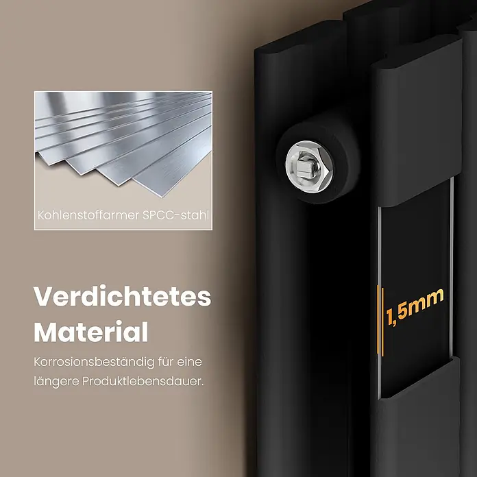 Emke Designheizkörper Flatrad FR - Wärmeleistung bei Vorlauftemperatur von 75 °C (D: 50): 911 W, Schwarz - Detailaufnahme eines schwarzen Heizkörperprofils, das die 1,5 mm Stärke und kohlenstoffarmen SPCC-Stahl zeigt.