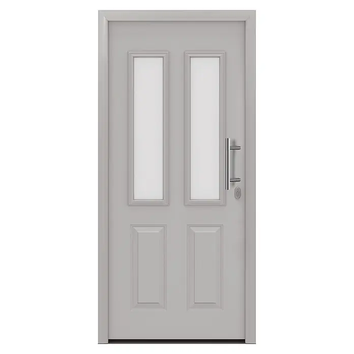 Hörmann EcoStar Haustür ISOPRO IP 410S - 110 x 210 cm, DIN Anschlag: Rechts, Weißaluminium - Graue Eingangstür mit zwei lichtdurchlässigen Glasfeldern, zwei festen Paneelen und Edelstahlgriff.